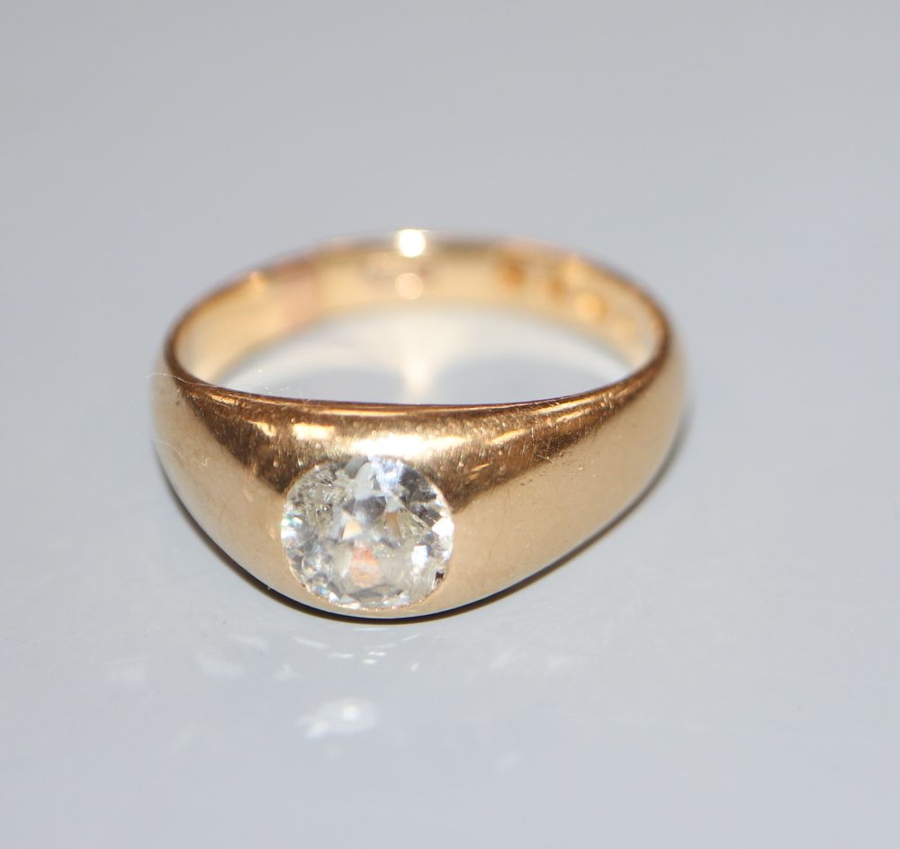 A Victorian 18ct gold and gypsy set old mine cut solitaire diamond ring, size T, gross 7.6 grams, (shank and stone a.f.).
